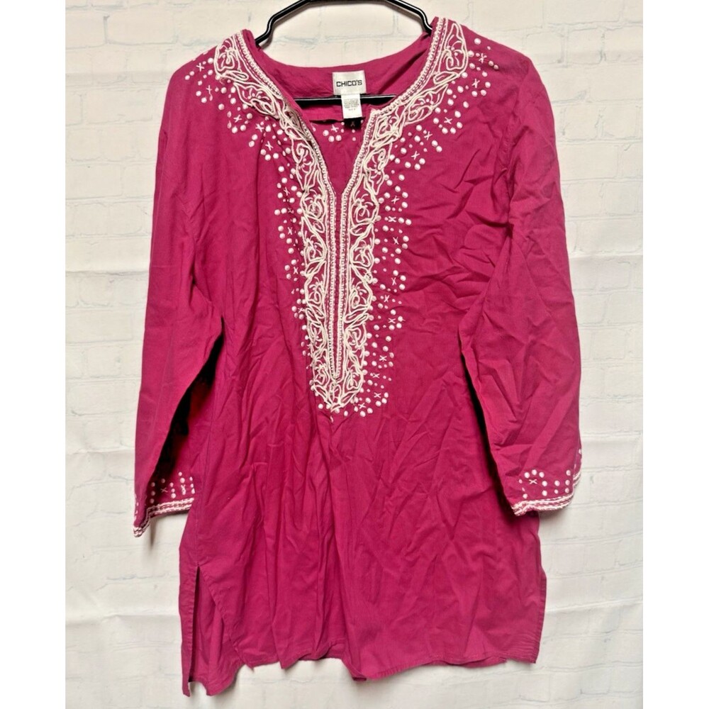 CHICO'S cotton Women Embroidered V-Neck Tunic Top Blouse Magenta hot pink  small